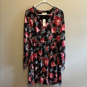 LOFT Black and Red Floral Long Sleeve Dress